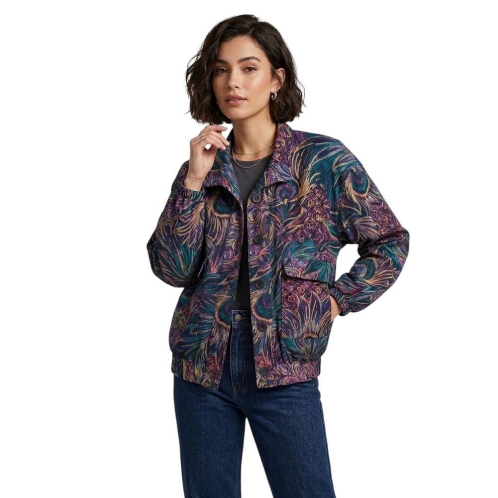 Vintage GDT TOO Retro Peacock Print Button Up Jacket One Size Fits Women's Large